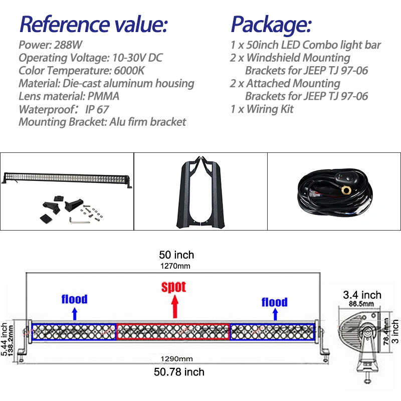 1x50 дюймов 288 Вт светодиодный работа рабочий привода движущей свет лампы бар 1 х лобовое стекло монтажные кронштейны для jeep Wrangler TJ 1999-2006