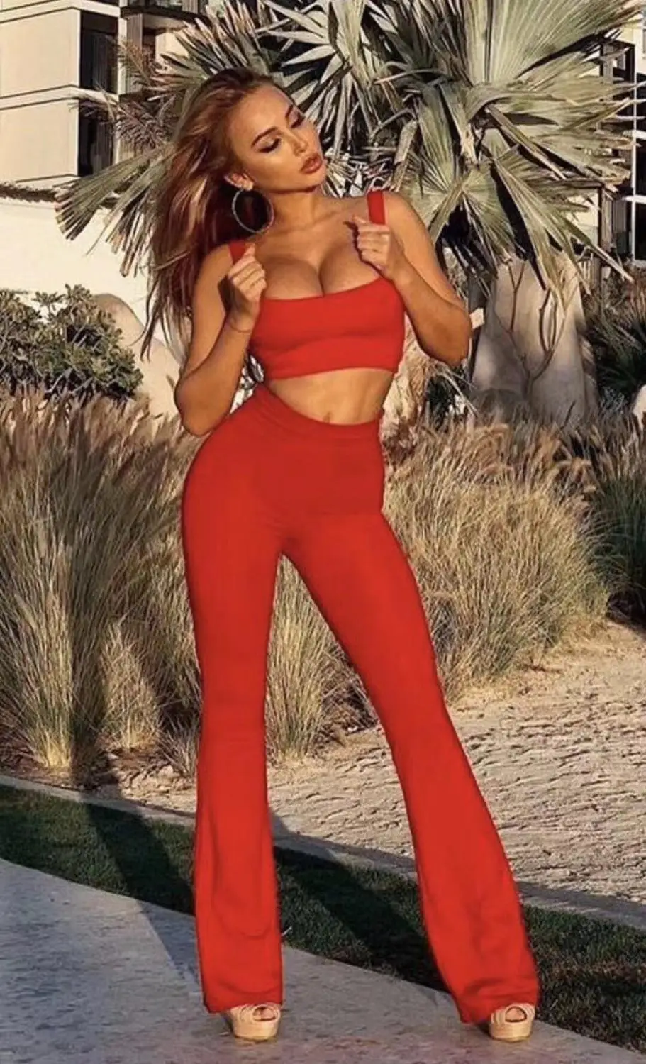 

2019 Summer Sexy 2 Piece Set Spaghetti Strap Bandage Suits New Arrival Women Full Length Pants Elegant Party Suits
