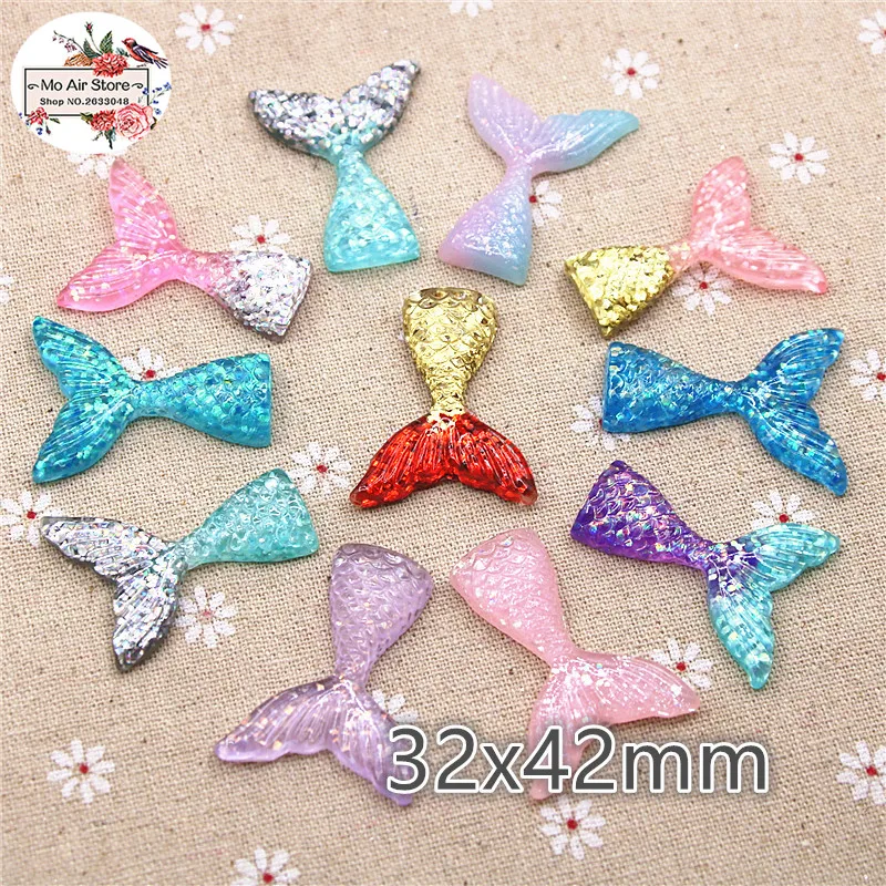 

10pcs 32*42mm Multicolor Colors Shiny Resin Fish Tail Flat back Cabochon DIY Jewelry Craft Decoration