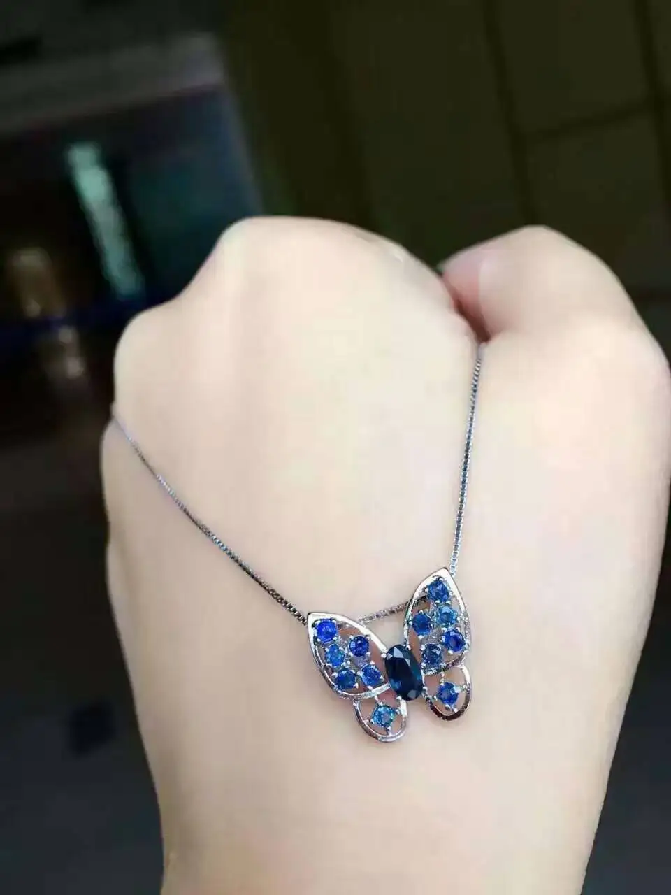 natural blue sapphire pendant S925 silver Natural gemstone Pendant Necklace trendy Elegant butterfly fly women party