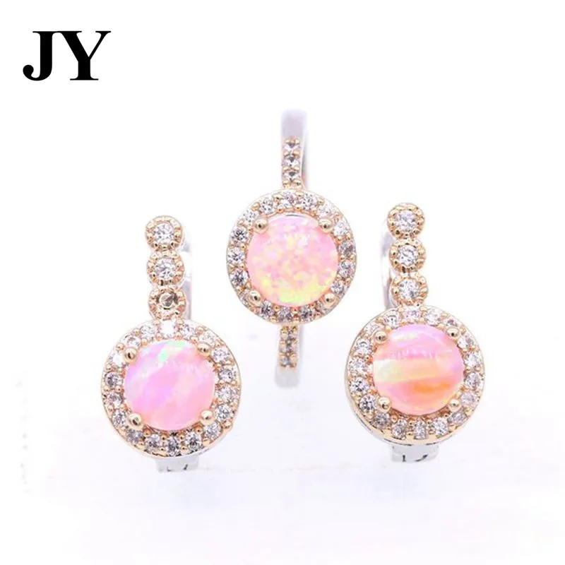 

JY 2017 New Arrival Pink Fire Opal Jewelry Sets For Women Dould Gold Color White Zircon Earrings&Rings Best love Gift