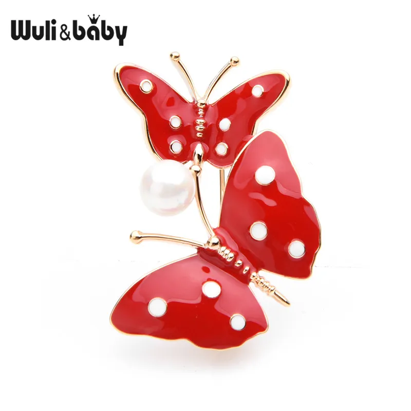 Wuli& baby, синие и красные эмалированные броши в виде бабочек для женщин, сплав, жемчуг, пара, Бабочка, насекомое, брошь на булавке, подарки для мамы - Окраска металла: red