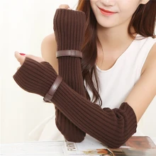Осень-зима 45 см Для женщин Митенки для женщин трикотажные рука рукав сплошной тончайший длинный вязаный пальцев Прихватки для мангала с декоративными полосами