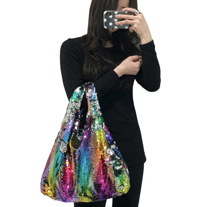 Модная шикарная сумка, женская сумка, голограмма, лазерные сумки для женщин, сумки для девочек, двусторонняя сумка с блестками, Радужный цвет, Русалка