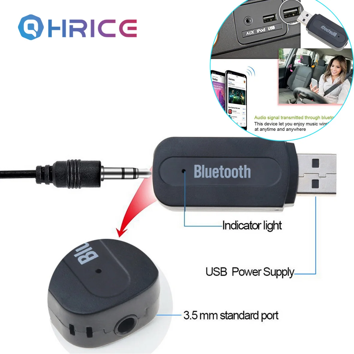 

QHRICE Bluetooth AUX Stereo Music USB Bluetooth Car Music Receiver Dongle Kit with Audio Cable for iPhone Car Bluetooth Adapter