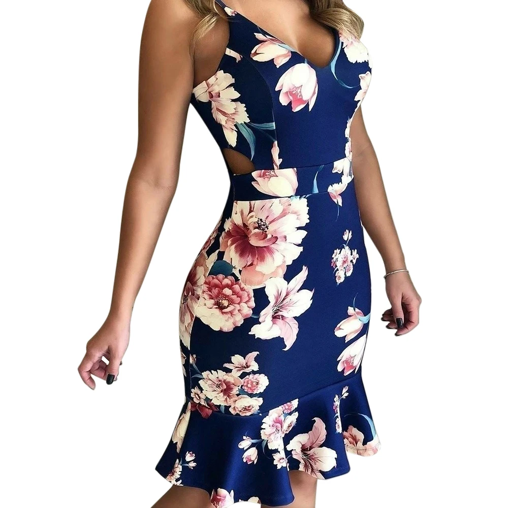 

Litthing 2019 New Spring Women Sleeveless Dress Summer Floral Print Sexy V Neck Vestido Fashion Hollow Out High Waist Mini Dress