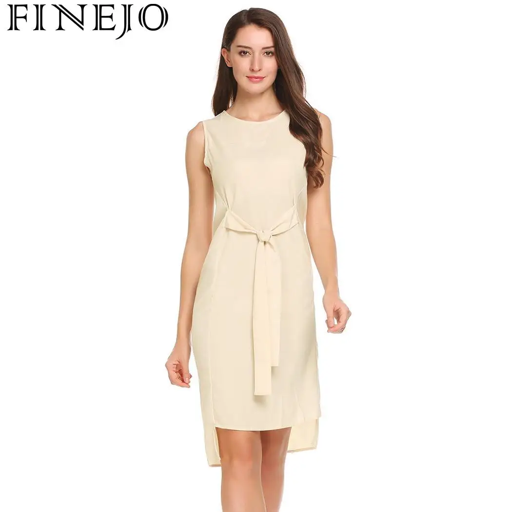 

FINEJO Casual Women Sleeveless Tie-front Stretch-crepe Solid O Neck Party Shift Dress
