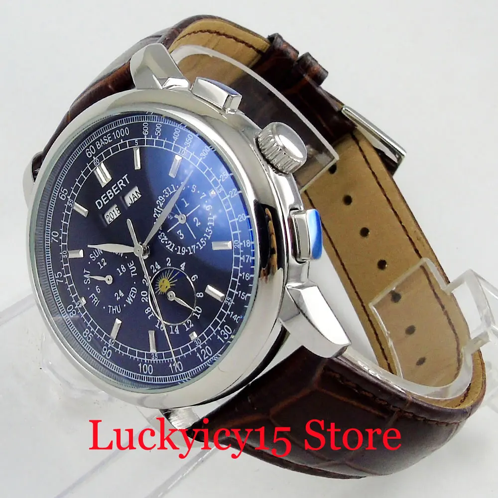 

Fashion Dress Mechanical Men's Watch Back Dial Auto Date Year Function Brown Leather Strap 42mm Wristwatch