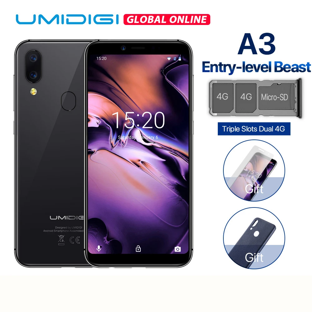 UMIDIGI A3 Глобальный Band 5 &quotincell HD + дисплей 2 ГБ 16 смартфон Quad Core Android 8 1 12MP 5MP Face Unlock