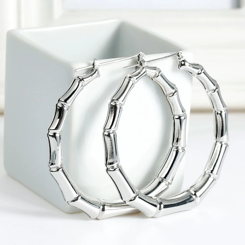 

Doreen Box European and American Hot Sale Hyperbole Sliver Color Iron Hoop Earrings Round Bamboo Pattern, 5.8x5.7cm,1 Pair