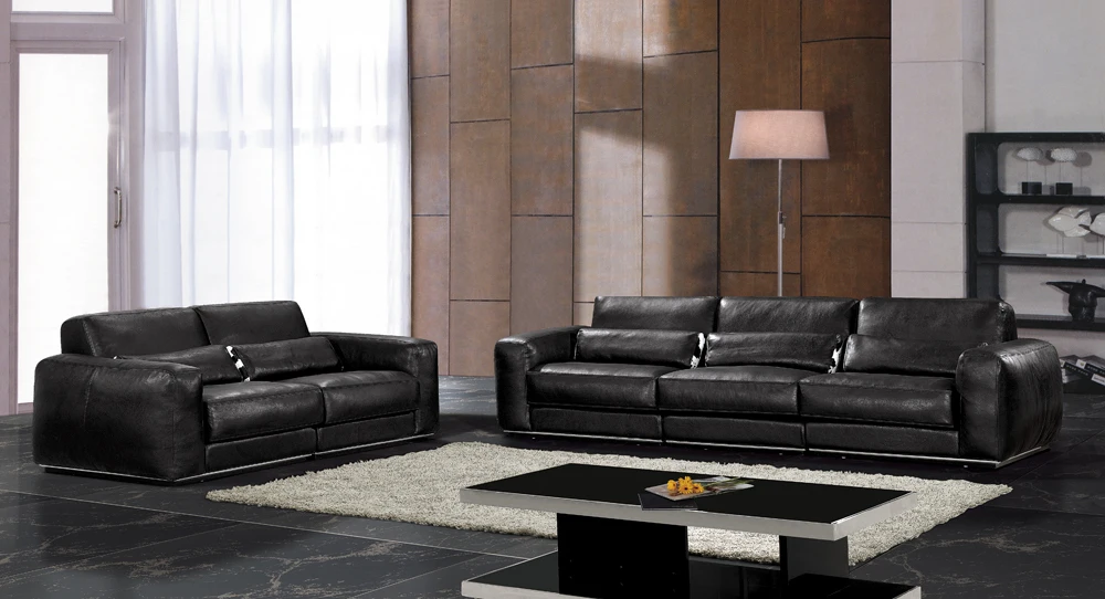 Venta caliente moderno chesterfield cuero genuino salón sofá set muebles negro pluma de cuero