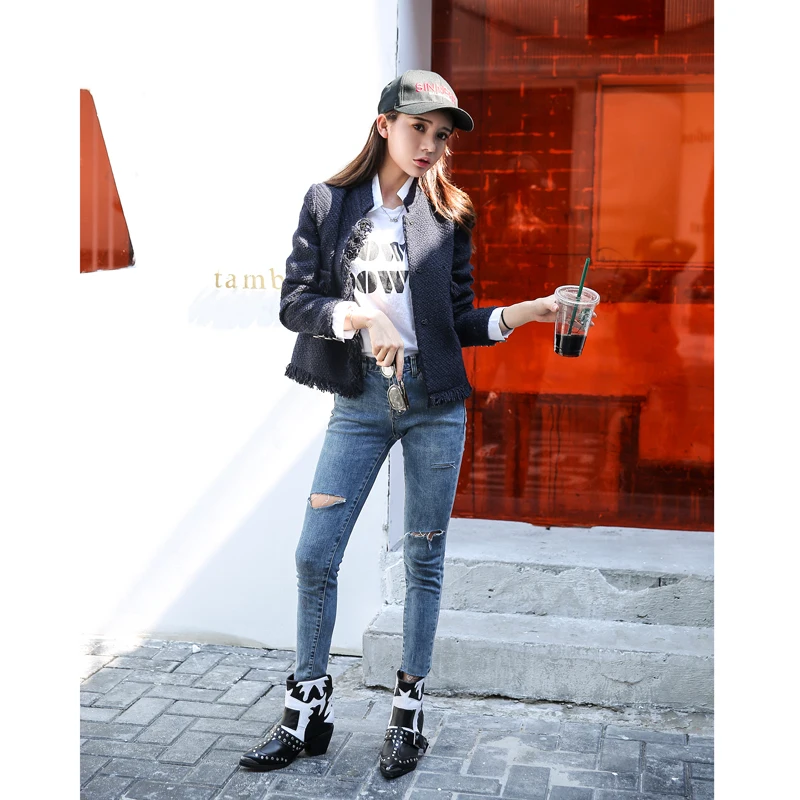 Winter Leather Besetzt leather Sexy Lining Neue Schnalle Schuhe Spitz Echtem Lining Junbie Cowboy Stiefeletten plush Stiefel Lining Frauen Metall Leder APRwx6q