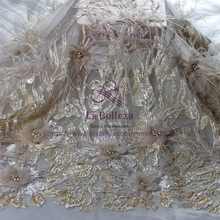 1 ярд бежевый/белый/серый тяжелые большие листья Бисероплетение ручной работы 3D Цветы перо свадебное/вечернее платье кружевная ткань