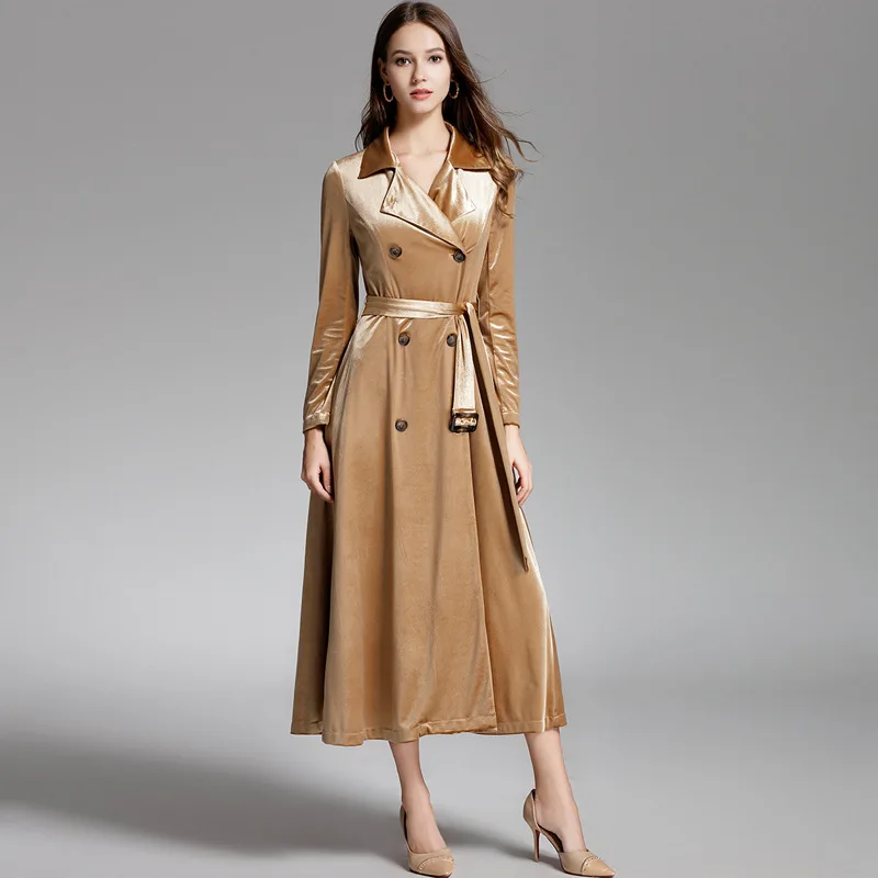 

High Quality Runway Fashion Boutique Ladies 2018 Spring New Gold Velour Slim Windbreaker Knee Velvet trench Coats for Women S-L