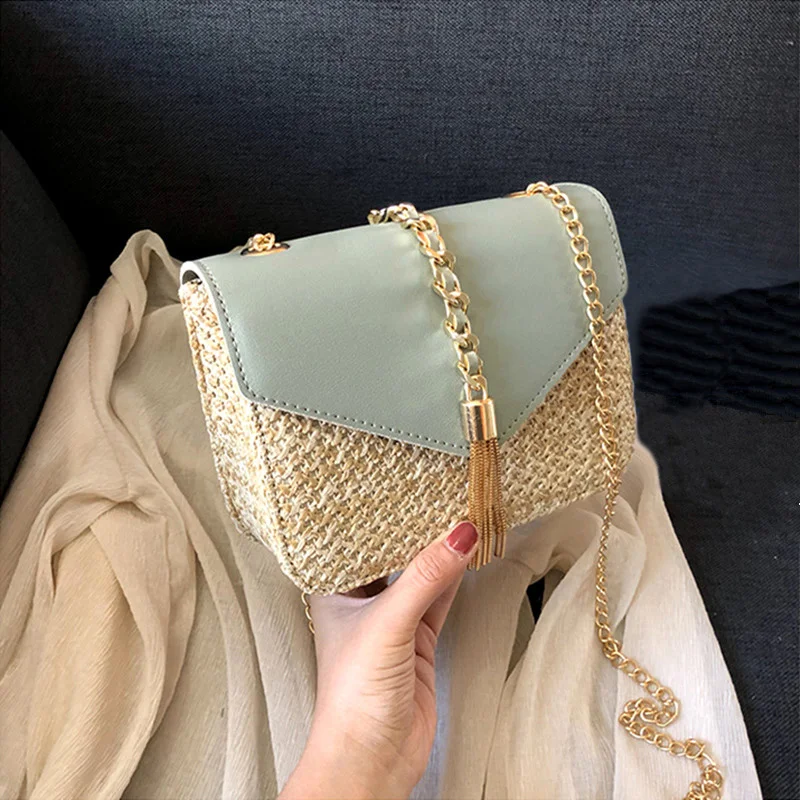 

Summer Fashion Straw Crossbody Bags for Women Chain Flap Designer Handbags Ladies PU Messenger Bag with Metal Buckle Clutch Bag