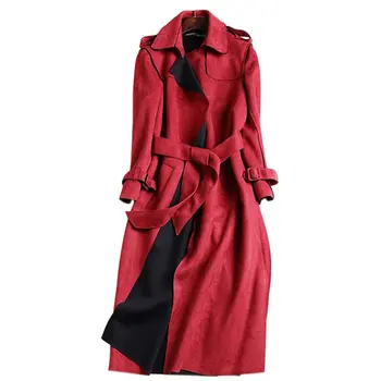 

Red Suede Trench Coat Women Abrigo Mujer Elegant Long Trench Coat Windbreaker Female Overcoat Slim Suede Cardigan Trench C3487