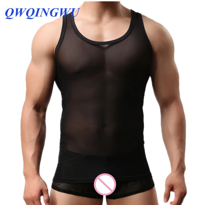

Slim Men Undershirt Muscle Vest Quick Dry Transparent Nylon Summer T Shirts Mesh Men Undershirt Sleeveless Sleepwear Underwear