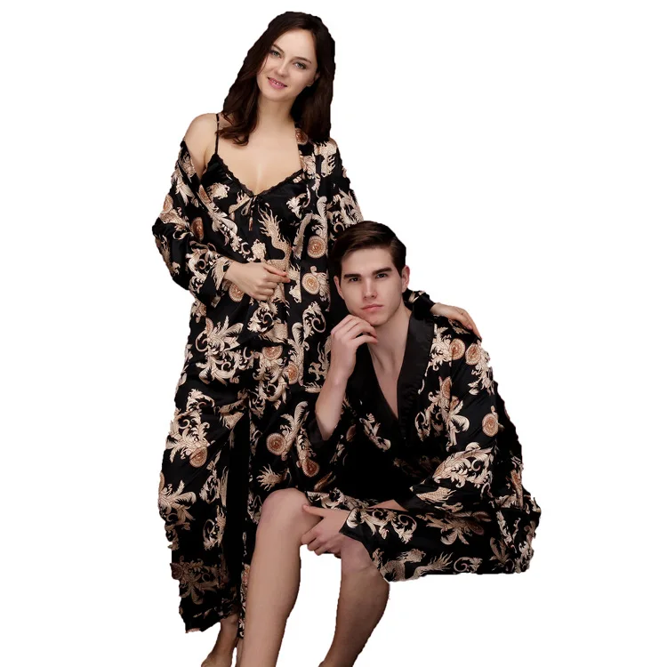 

2019 Couple Nightwear Spring Summer 3 Pcs Camis Top&trousers&robe Silk Pajamas Sets Women Sexy Pajamas Sleepwear Kit Men Robe