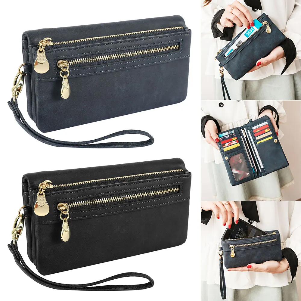 

High Capacity Fashion Women Wallets Long Dull Polish PU Leather Wallet Female Double Zipper Clutch Coin Purse Ladies Wristlet