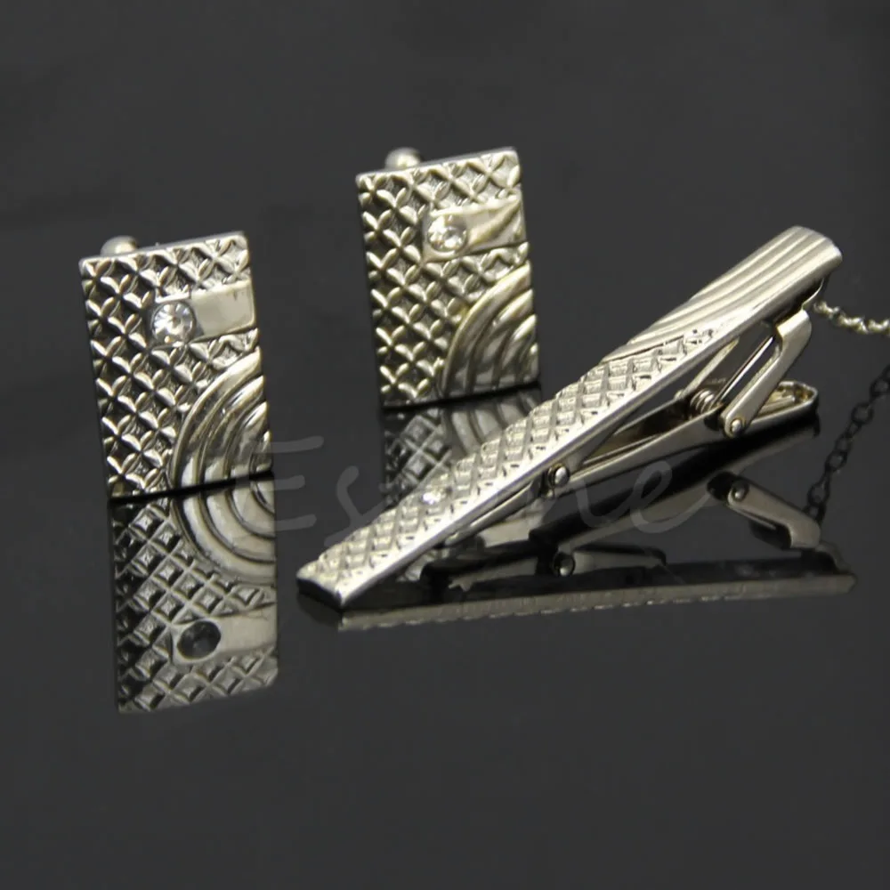 

Men Metal Necktie Tie Bar Clasp Clip Cufflinks Set Silver Simple Gift