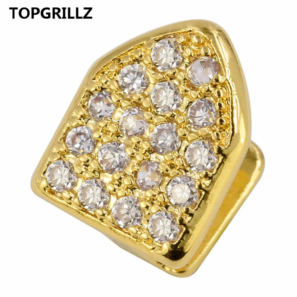 

TOPGRILLZ Hip Hop Teeth Grillz Pure Gold Color Plated Single Cap Micro Pave CZ Cubic Zirconia Top Tooh Grills Bling Grill
