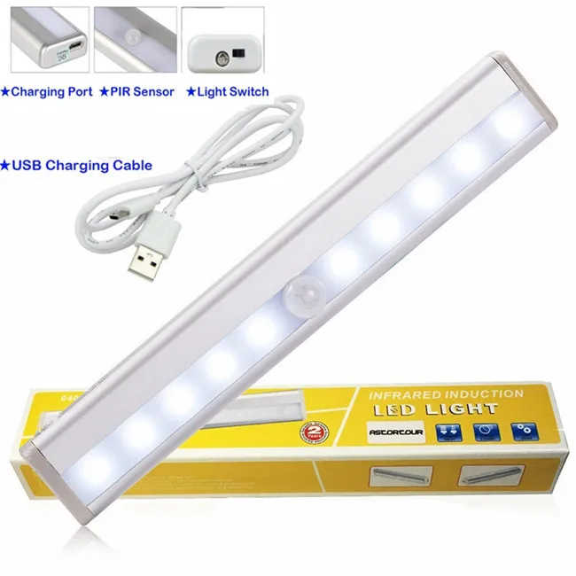 LED Closet Light USB Rechargeable Wireless Motion Sensing LED Night Light 10 LED Motion Sensor Lights