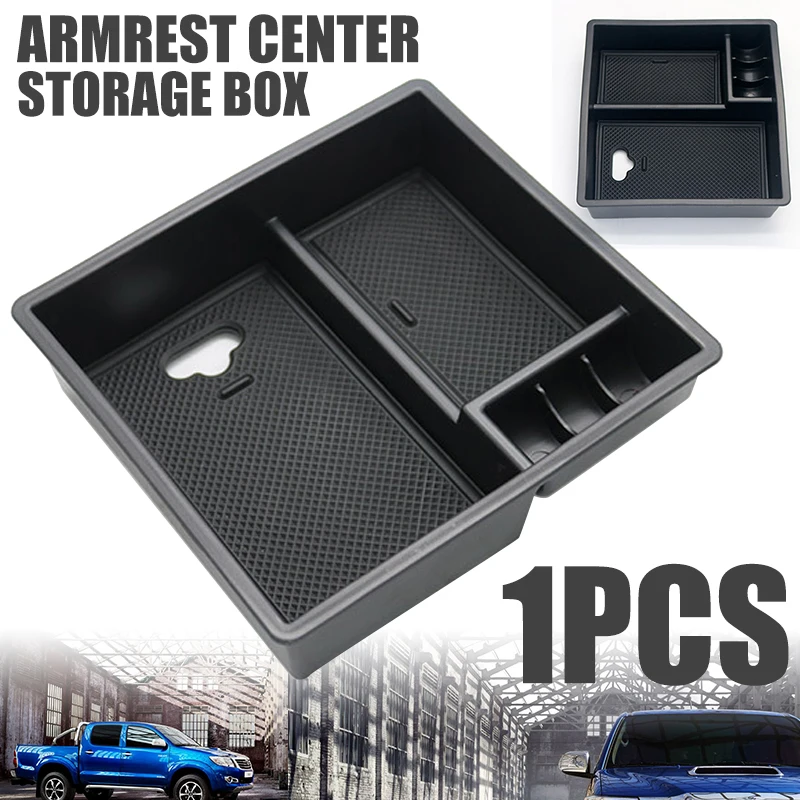 

Mayitr 1pc Black Plastic Car Center Tray Central Console Armrest Storage Box + 2 Non-slip Mats For Toyota Hilux 2004-2014