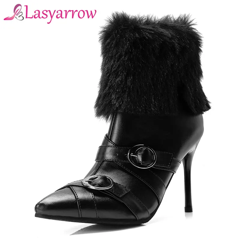 

Lasyarrow Black White Winter Warm Rabbit Fur Boots Big Size Women's Shoes High Heel Stilettos Boots Punk Buckle Motorcycle Boot