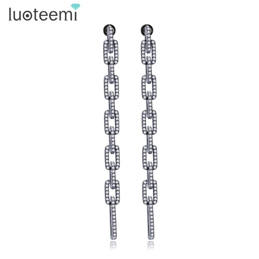 

LUOTEEMI 2016 Unique Delicate Luxury Sparking Cubic Zircon Statement Brincos Geometric Link Long Fashion Earrings 3Colors Choose