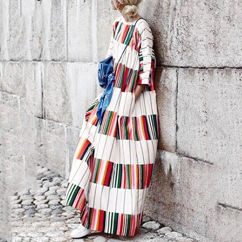 

Women Dress Casual Long Sleeved Color Block Striped Print Loose Long Maxi Party Dress womens dresses new arrival 2019