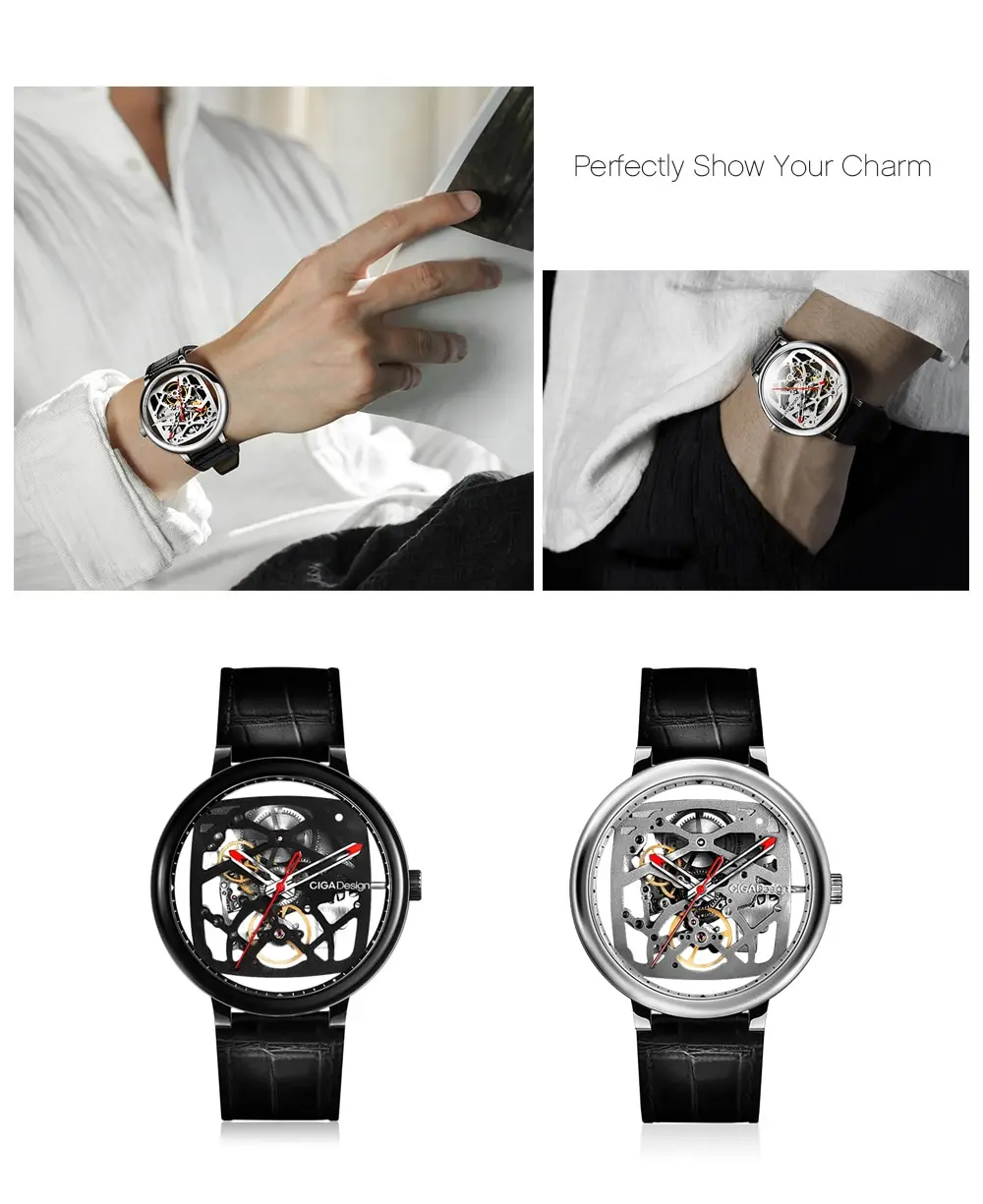 CIGA Design Creative Leather Strap Automatic Mechanical Men Watch- Black