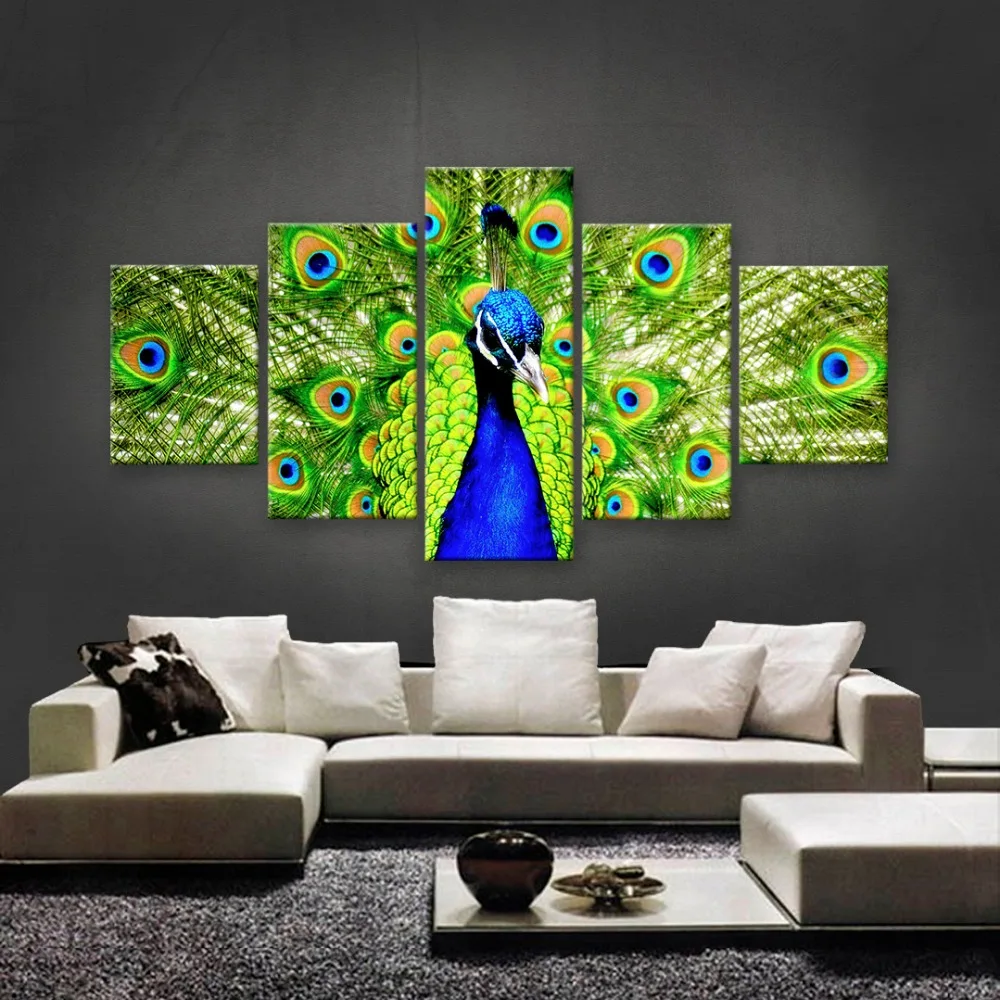 5pcs Unframed Modern Art Oil Painting Peacock Huge Wall Art Poster Decor PVC 