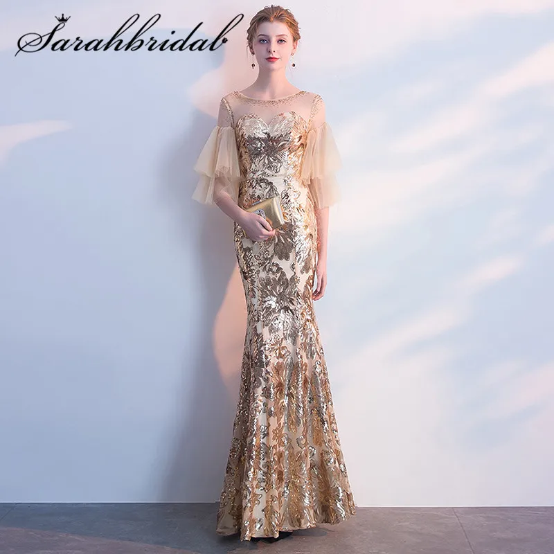 Золотое очаровательное специальное платье из ткани для выпускного вечера, Новое поступление, вечерние платья в пол с рукавом-годе и молнией CC3104