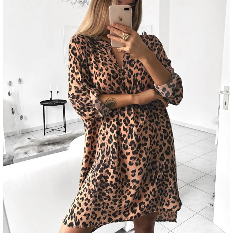 ELSVIOS New Spring V-Neck Shirt dress Snake Print Wrap Dress Bohemian Beach Flared Dress Women Autumn Short Casual Elegant Dress