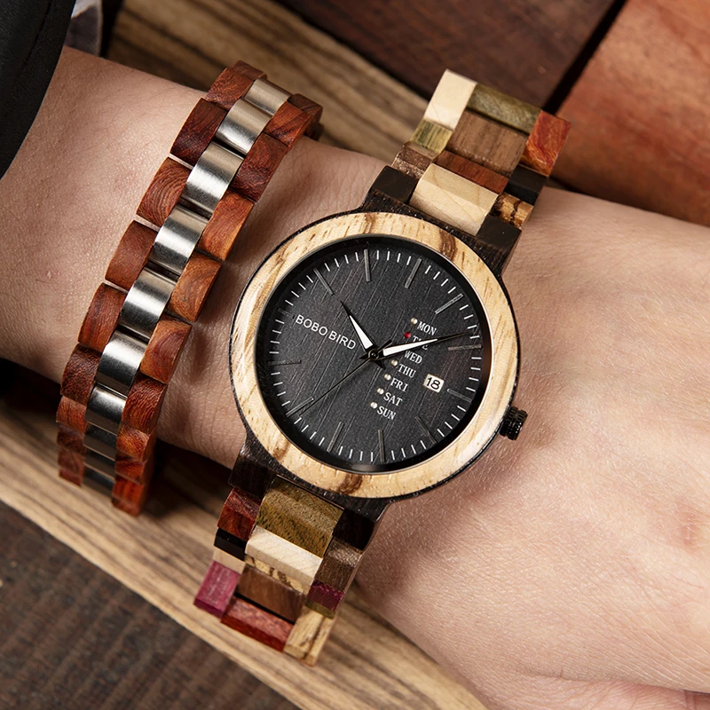 Timepieces Wooden Watch Men BOBO BIRD Quarzt Male Saat erkek relojes Wood Bracelet Show Date and Week in Gifts Wood Box