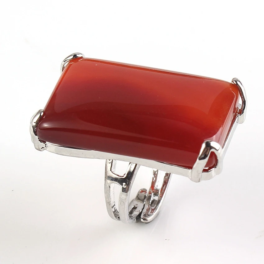 

Kraft-beads Trendy Silver Plated Adjustable Red Agates Rectangle Shape Finger Ring Charm Jewelry