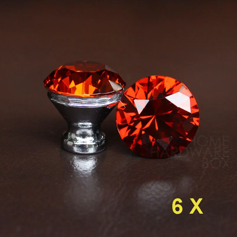 6 Pc Red Crystal Drawer Knobs 30mm Kitchen Cabinet Handle Pull