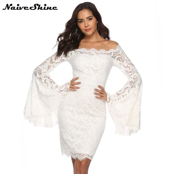 

Naive Shine Women's Elegant Party Dresses Off Shoulder Sexy Slash neck Long Flare Sleeve Bodycon Casual Summer White Lace Dress