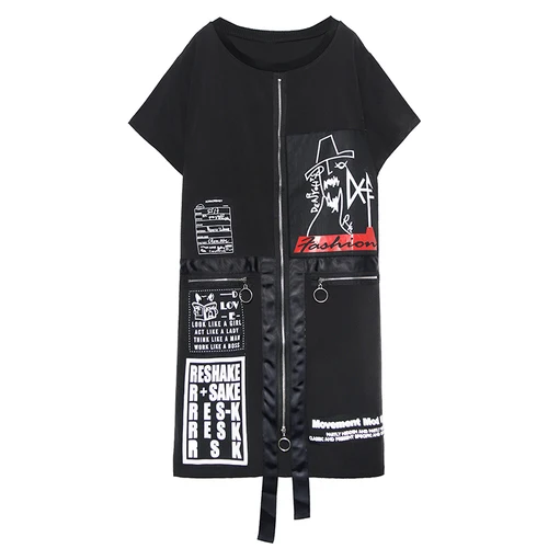 XITAO Tide, платье с буквенным принтом размера плюс, женское платье в стиле пэчворк, с карманами, индивидуальная корейская мода, круглый вырез, подходит ко всему лету DLL3176 - Цвет: black  DLL3176
