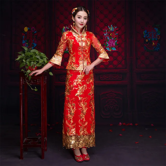 Дракон феникс платье невесты свадебное платье костюм в китайском стиле cheongsam вечернее платье шоу одежда тонкий стиль для свадьбы - Цвет: red 1