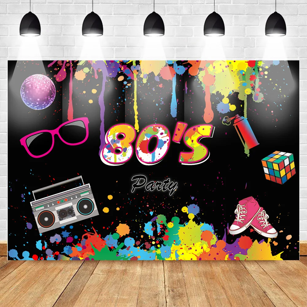 

80's Party Backdrop Graffiti Hip Pop Neon Glow 80s Background Splatter Graffiti Wall Music 80th Hip PopThemed Party Backdrops