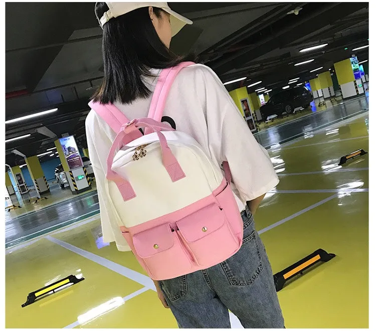 MJ Women Canvas Backpack Fashion Patchwork Canvas Travel Bag Female Large Capacity School Bag Backpack for Teenage Girls (5)