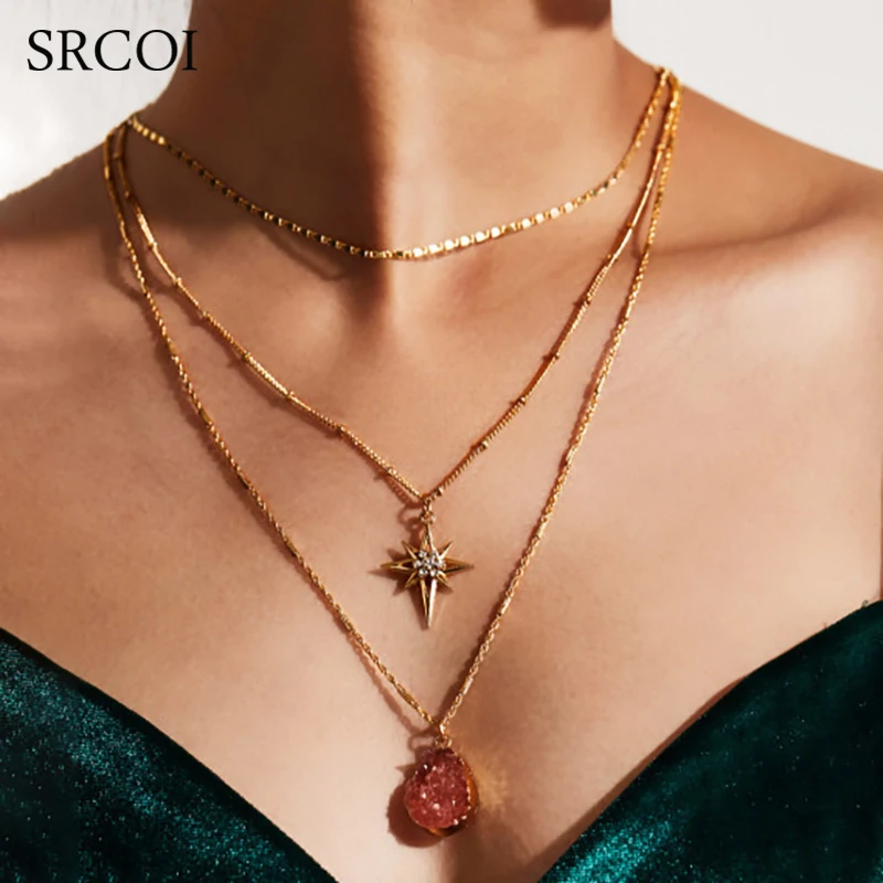 

SRCOI Trendy Rhinestone Star 3 Layer Necklace Long Quartz Crystal Necklace Pendant Bohemia Choker Chain Collar For Women Jewelry