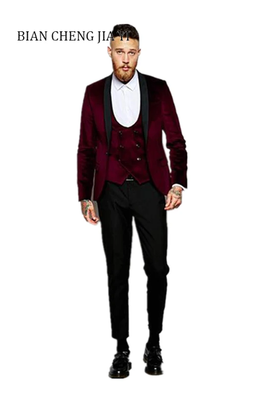 

High quality Wine red Velvet Men's Wedding Suits Prom Groom Tuxedos Elegant Customed Party Casual Suits Business Formal Occasion