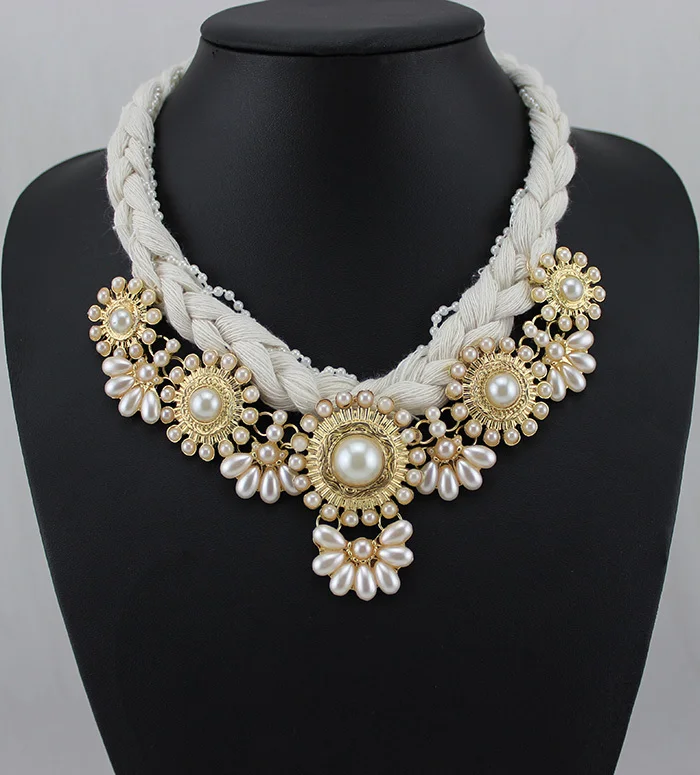 2015 Fashion Brand Mixed Pearl Flower Chunky Rope Collar Choker Pendants Necklaces Statement Bib Necklace For Women |