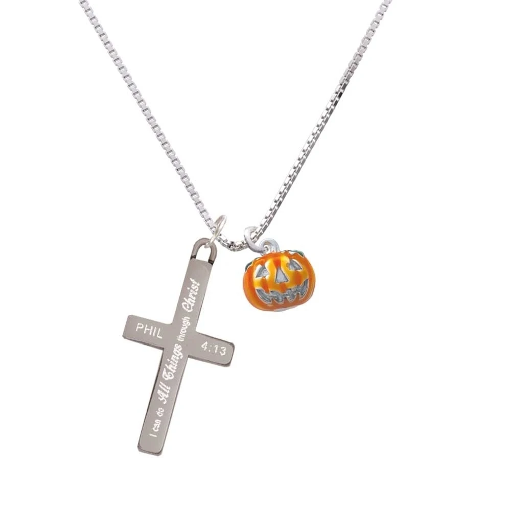 Small Orange Jack O'Lantern with Stem - I Can Do All Things - Cross Necklace