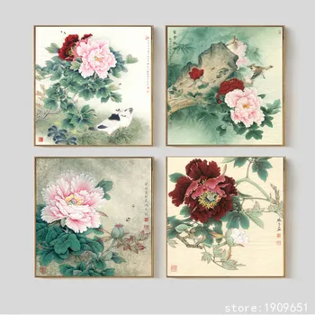 

No frame Chinese style peony birds flower scenery canvas printings oil painting printed on cotton wall art decoration pictures
