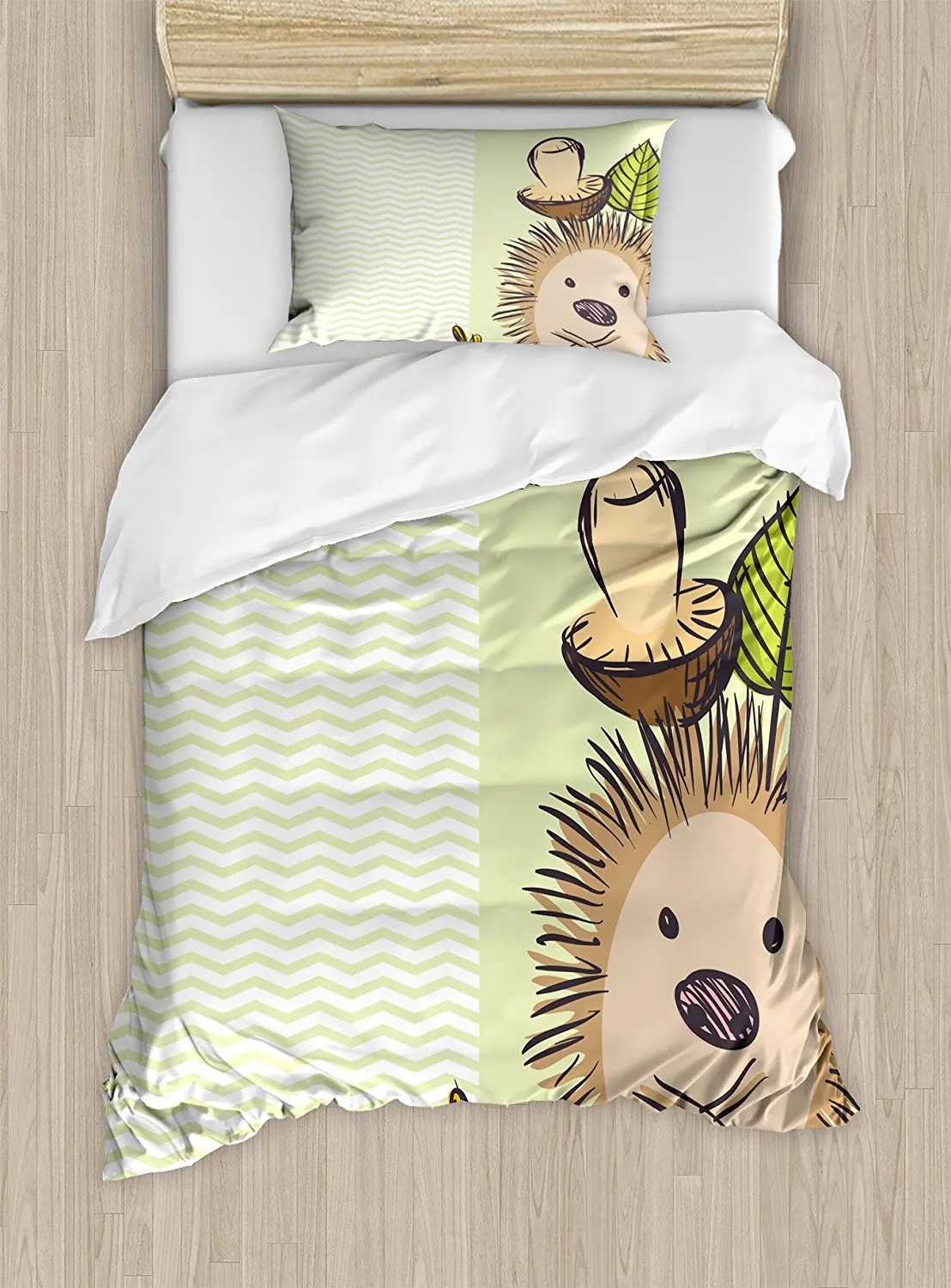 

Mushroom Duvet Cover Set Cute Hedgehog Chevron Stripes Pattern Spiky Animal Wildlife Cartoon Design Decor 4 Piece Bedding Set