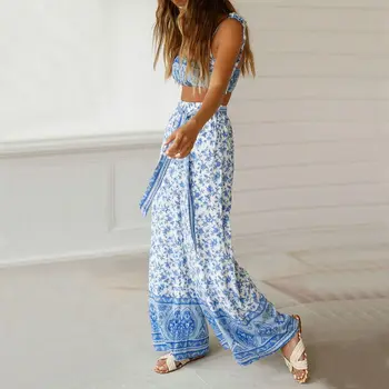 

2019 New Arrival Fashion Sexy Style 2 piece Women Set Striped Top Strapless beach Long Pants Printed Set sexy Streetwear