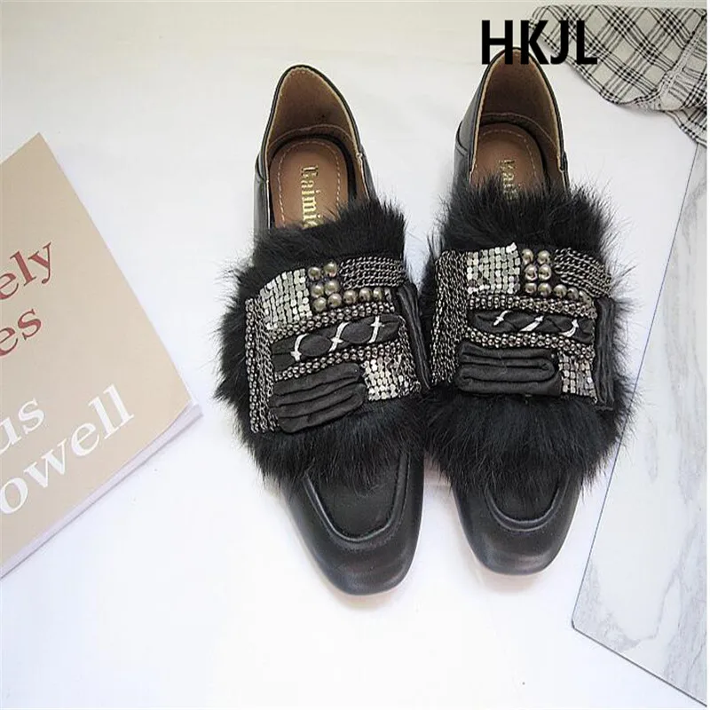 

2019 new original set of beads nails fur new British square head flat shoes black one pedal lazy shoes